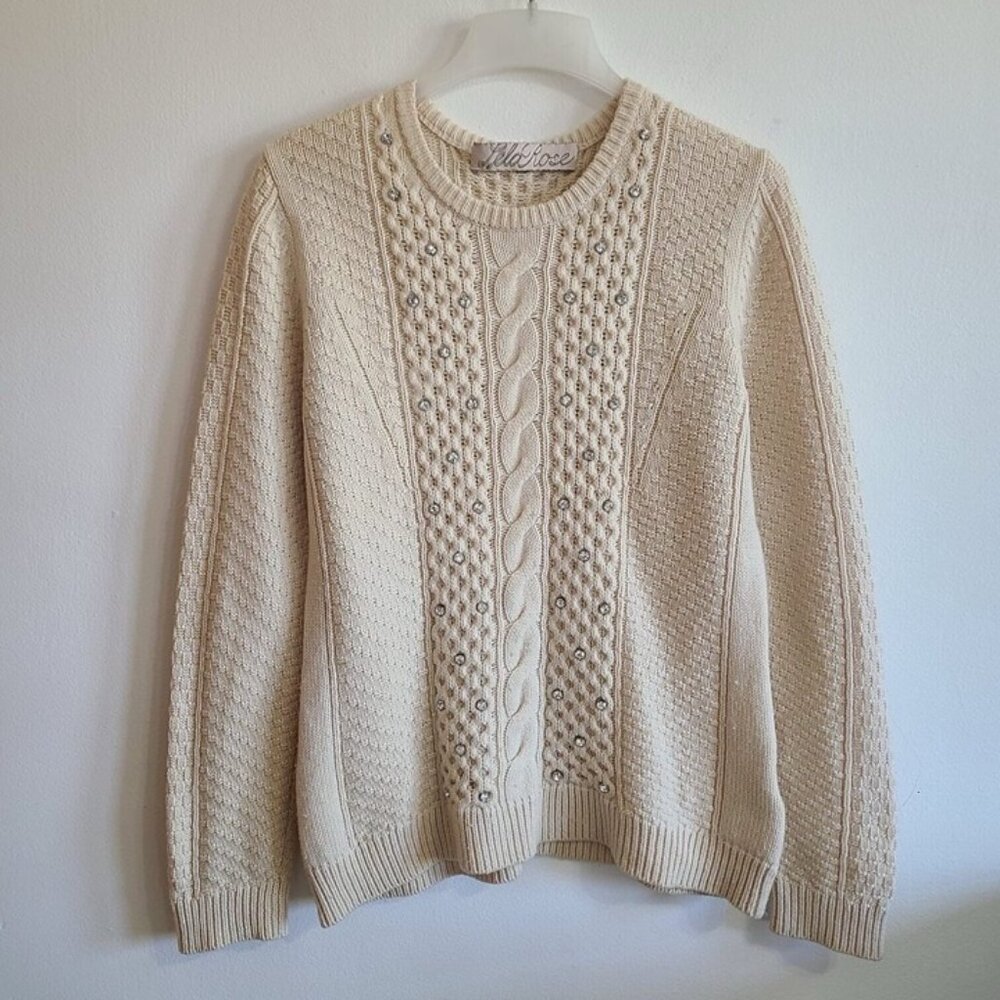 Lela Rose Knit Sweater Cream Crystal & Metal Embroidery Wool Cashmere Size L